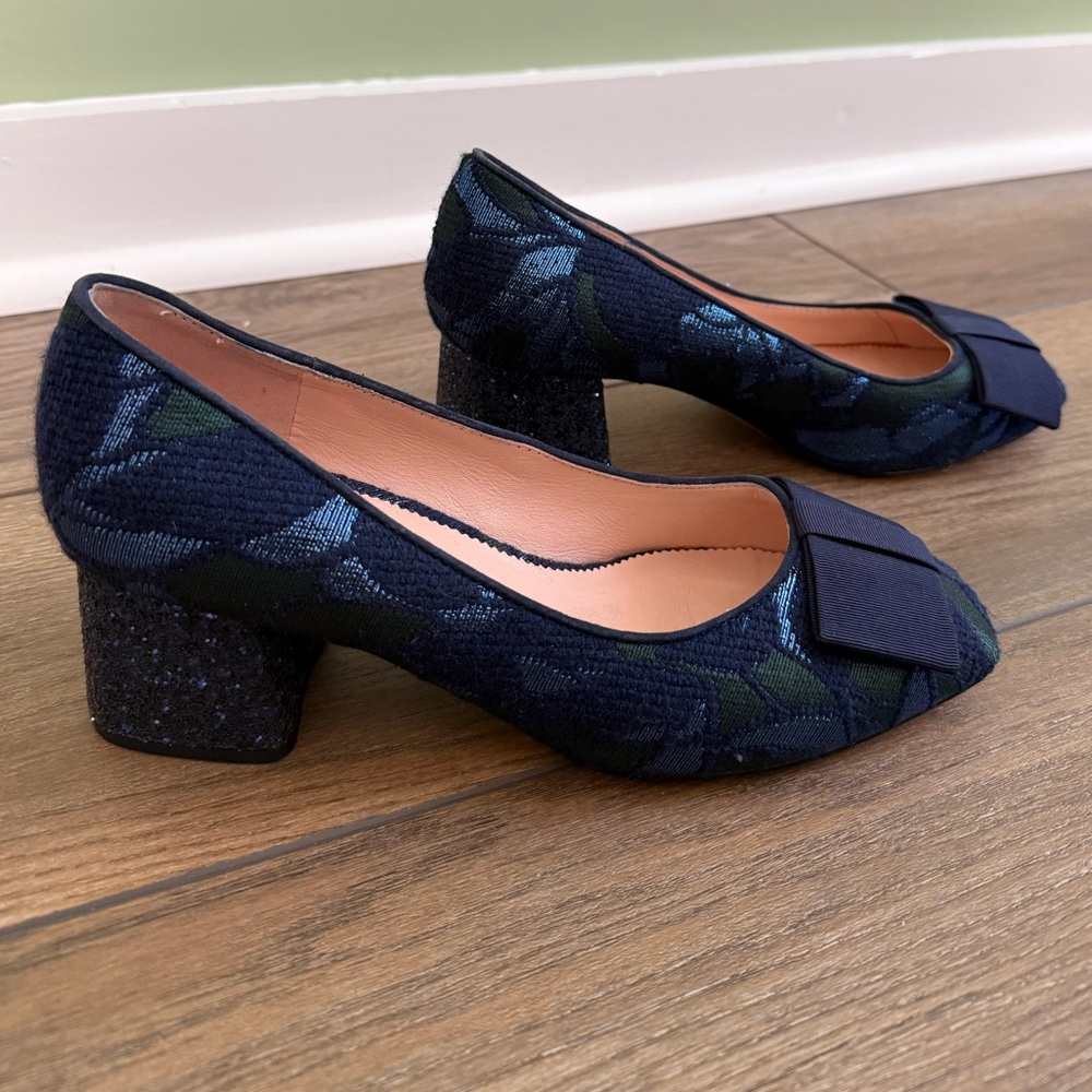 J.Crew Celia Jacquard Bow Block Heel Holiday Pumps